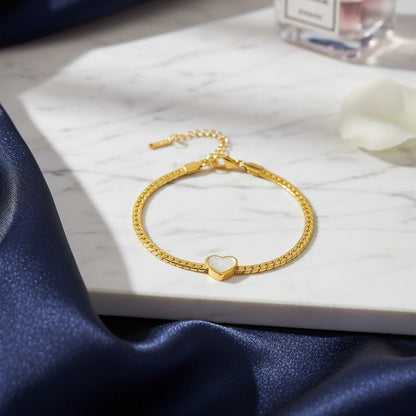 Stainless Steel Snake Chain White Heart Charm Bracelet – Gold