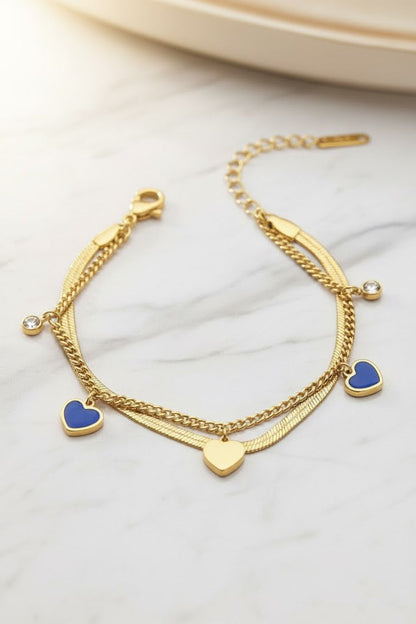 Stainless Steel Layered Hearts & Enamel Bracelet – Gold