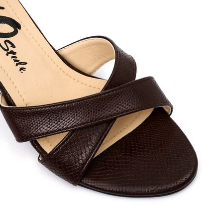 Faux Leather Block Heel Sandals - Brown