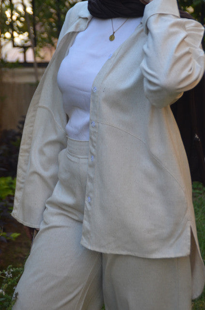 Linen Polka Dot Shirt & Pants Set with Belt – Beige