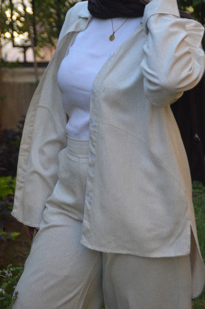 Linen Polka Dot Shirt & Pants Set with Belt – Beige