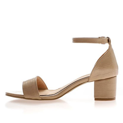 Faux Leather Ankle Strap Block Heel Sandals – Beige