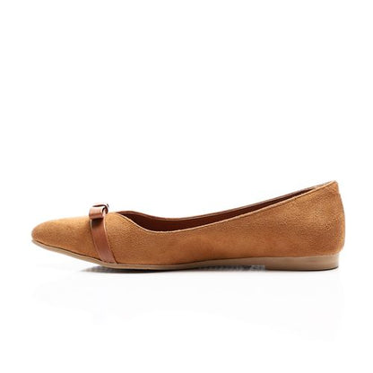 Suede Pointed Toe Flats with Bow Accent – Camel