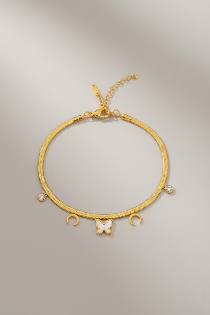 Stainless Steel Butterfly & Crescent Charm Bracelet – Gold