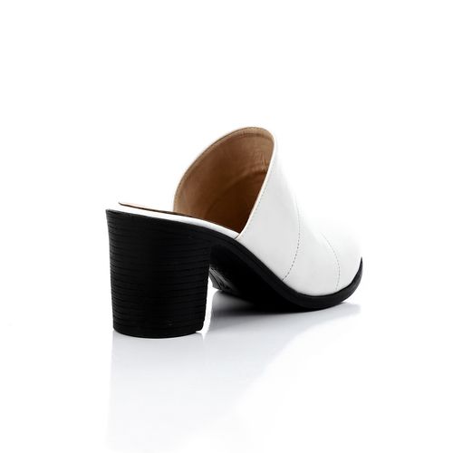 Faux Leather Block Heel Mules - White