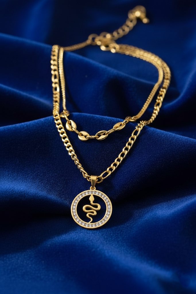 Stainless Steel Layered Snake Pendant Necklace – Gold
