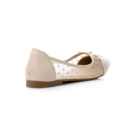 Faux Leather Mesh Polka Dot Ballet Flats – Beige