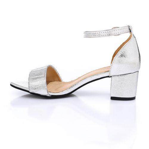 Faux Leather Textured Block Heel Sandals - Silver