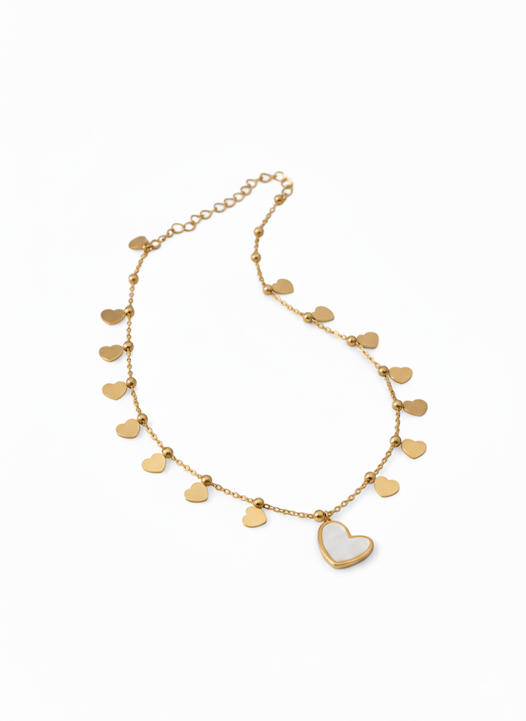 Stainless Steel Heart Pendant Necklace with Dangling Charms – Gold