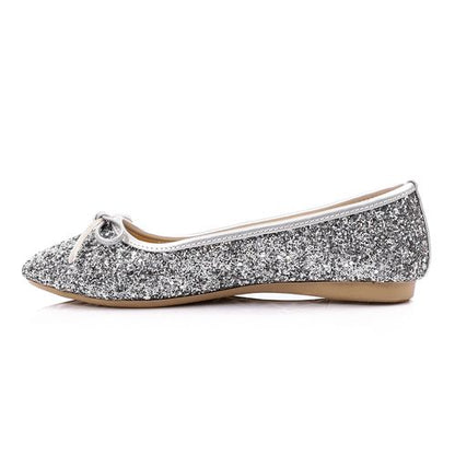 Glitter Ballet Flats with Bow – Silver