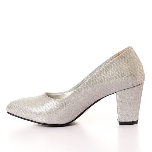 Synthetic Glitter Block Heel Pump - Silver