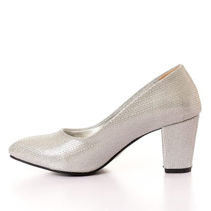 Synthetic Glitter Block Heel Pump - Silver