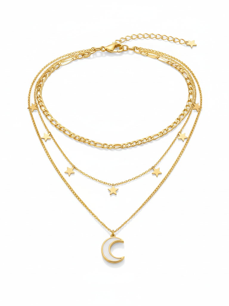 Stainless Steel Layered Moon and Stars Pendant Necklace – Gold