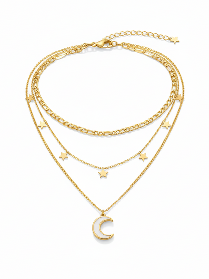 Stainless Steel Layered Moon and Stars Pendant Necklace – Gold