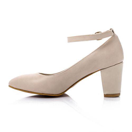 Faux Leather Pointed Mary Jane Pumps - Light Beige