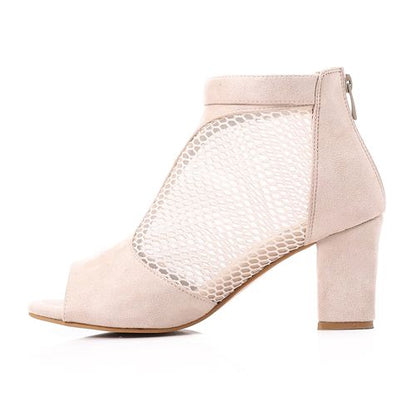 Suede and Mesh Peep-Toe Bootie Sandals - Beige