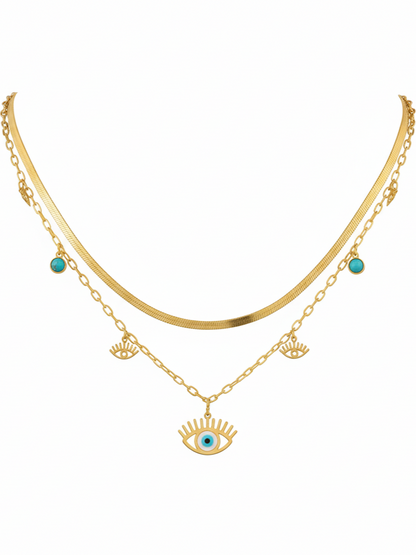 Stainless Steel Layered Evil Eye Charm Necklace – Gold