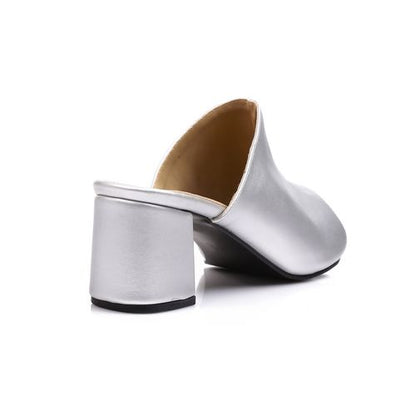 Faux Leather Peep-Toe Block Heel Mules - Silver