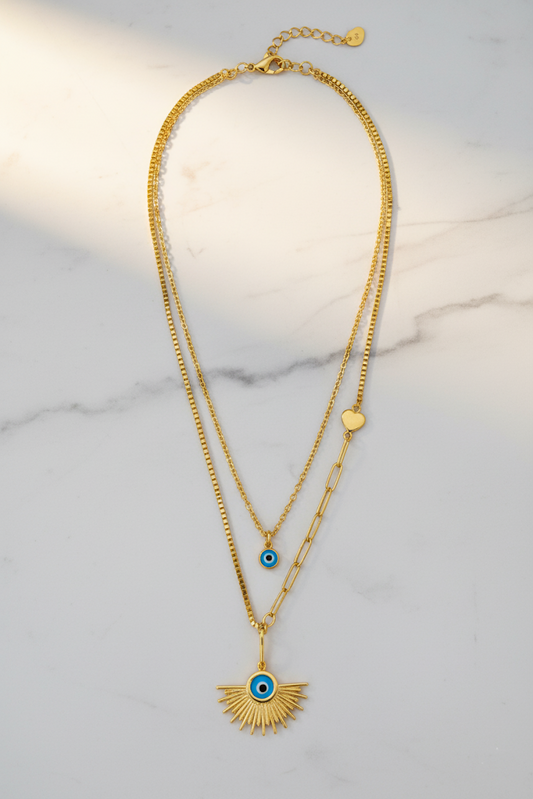 Stainless Steel Double Layer Blue Eye Charm Necklace – Gold