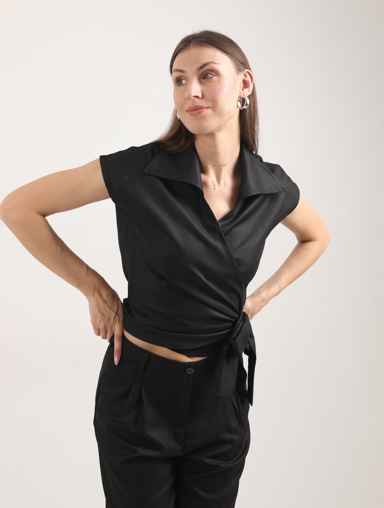 Blended Fabric Wrap Blouse – Black