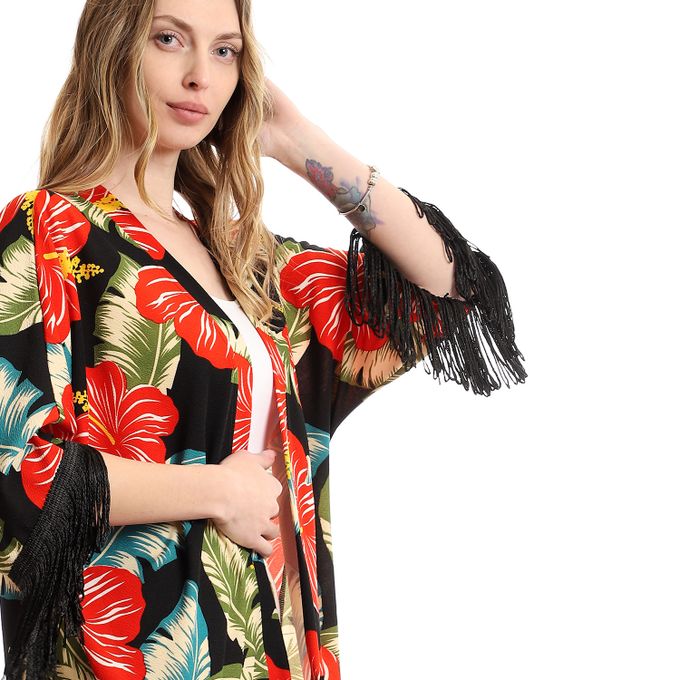 Floral Decorated Fringes Open Neckline Cardigan