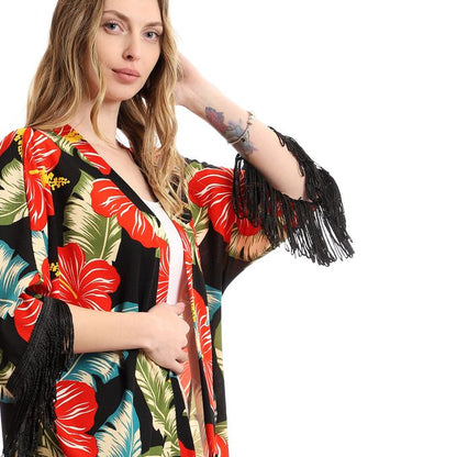 Floral Decorated Fringes Open Neckline Cardigan