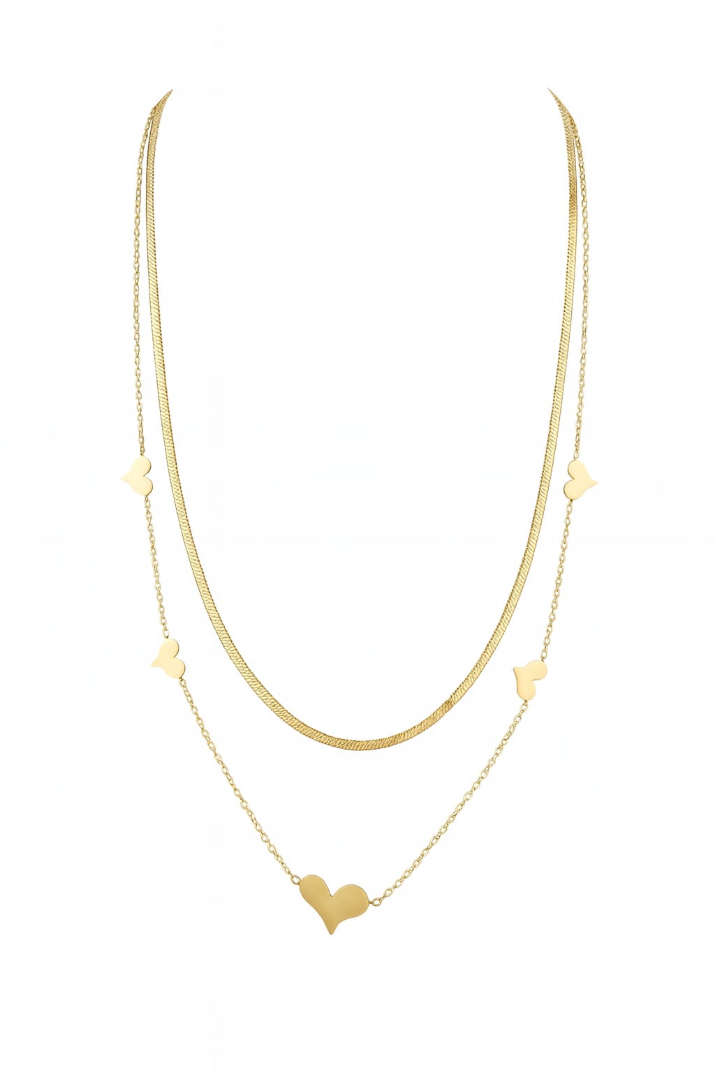 Stainless Steel Double-Layer Heart Charm Necklace – Gold