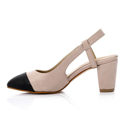 Faux Leather Cap Toe Slingback Block Heels - Beige