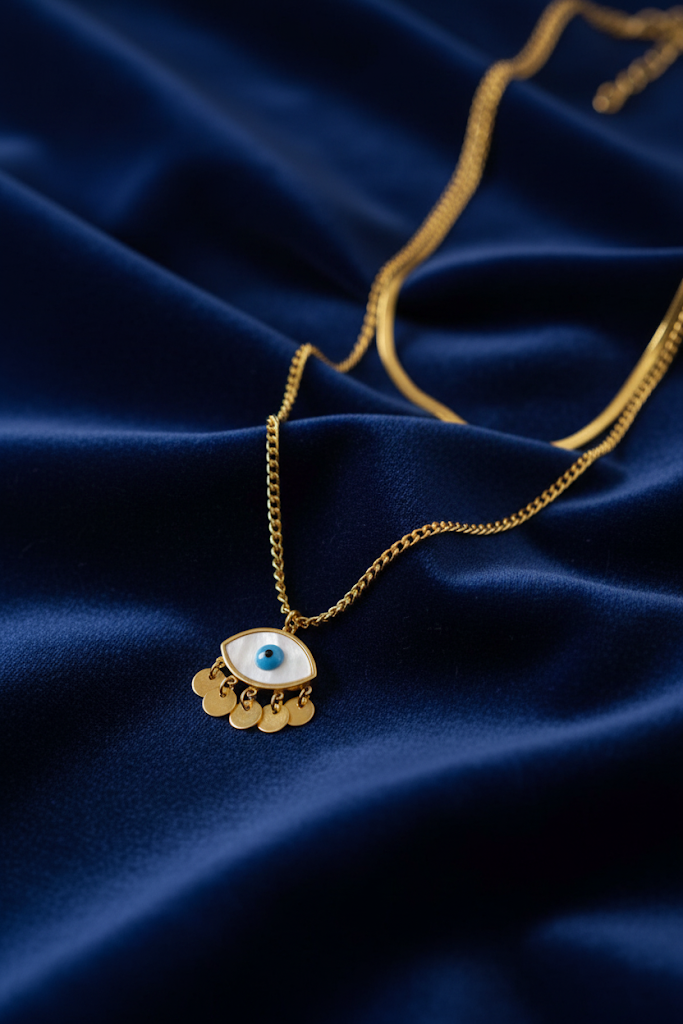 Stainless Steel Layered Evil Eye Pendant Necklace – Gold