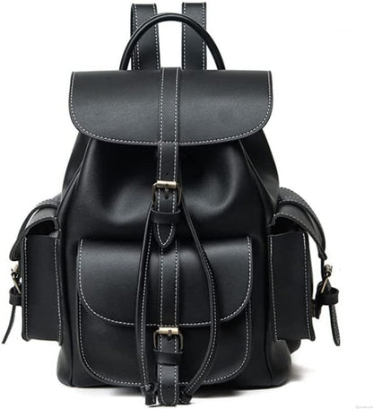 Vintage-Inspired Leather Backpack - Black
