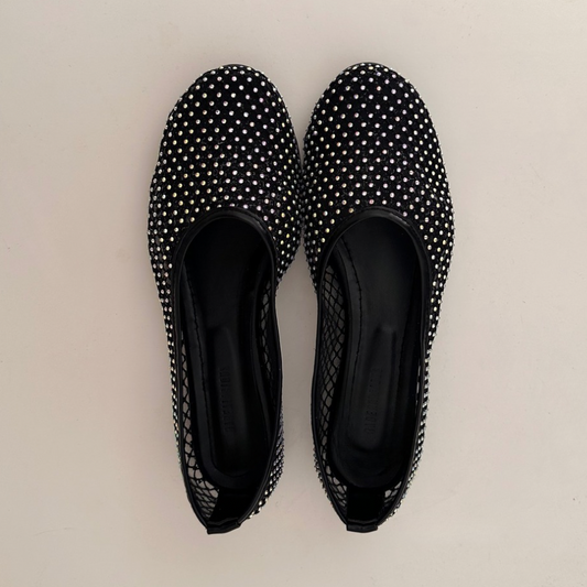Crystal Fishnet Ballerina Flats – Black