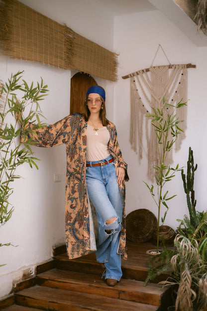 Satin Paisley Kimono – Beige & Blue