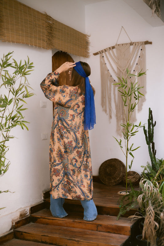 Satin Paisley Kimono – Beige & Blue