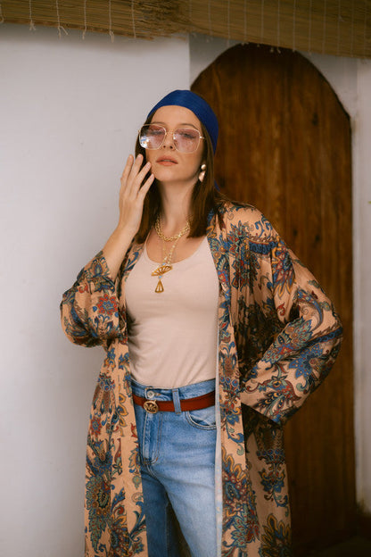 Satin Paisley Kimono – Beige & Blue