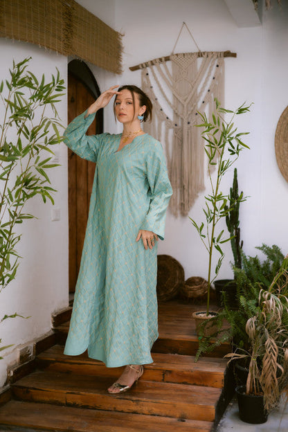 Embroidered Linen Dress – Mint & Gold