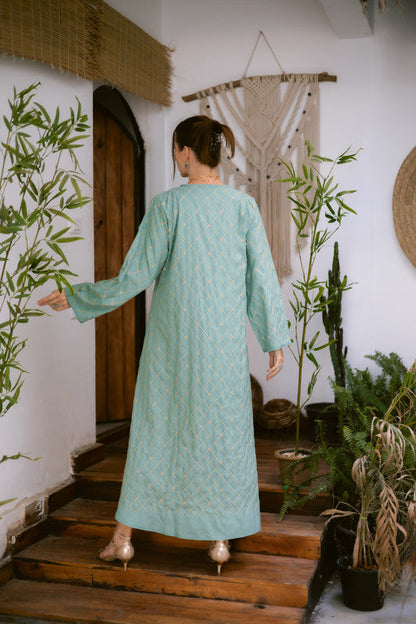 Embroidered Linen Dress – Mint & Gold