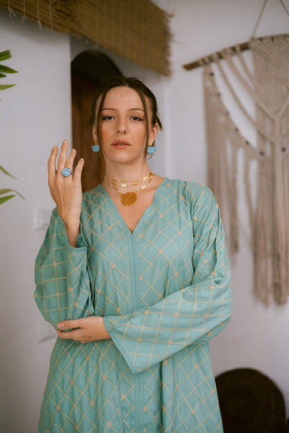 Embroidered Linen Dress – Mint & Gold