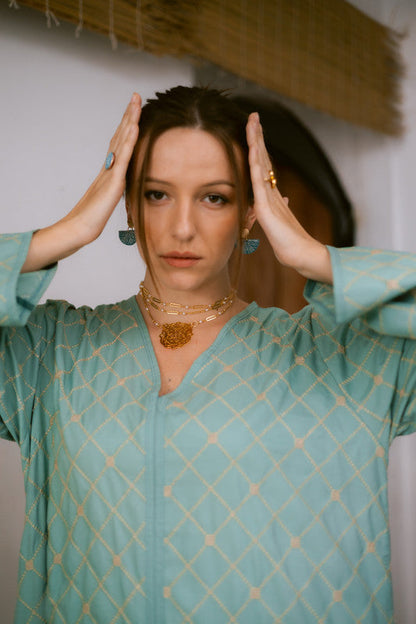 Embroidered Linen Dress – Mint & Gold