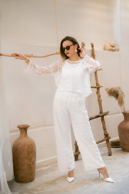 Lace Pattern Two-Piece Set – White