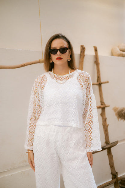 Lace Pattern Two-Piece Set – White