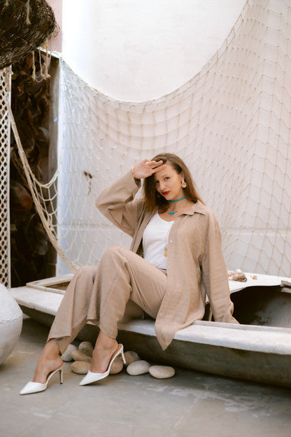 Linen Embellished Set - Beige