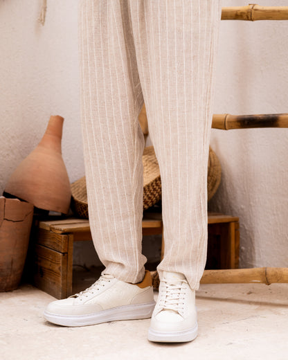 Striped Crude Linen Pants - Beige