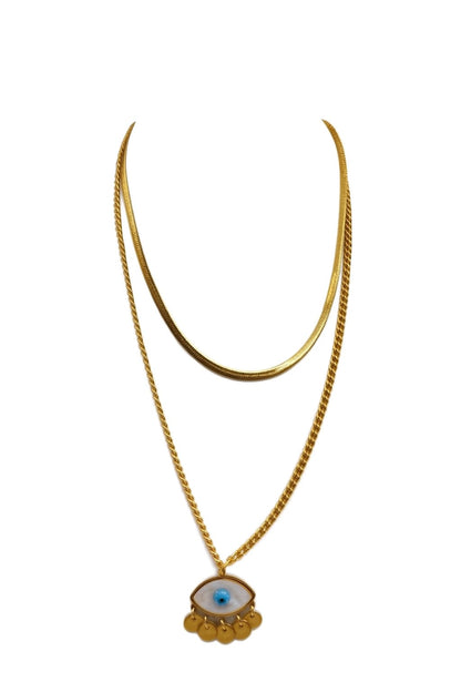Stainless Steel Layered Evil Eye Pendant Necklace – Gold