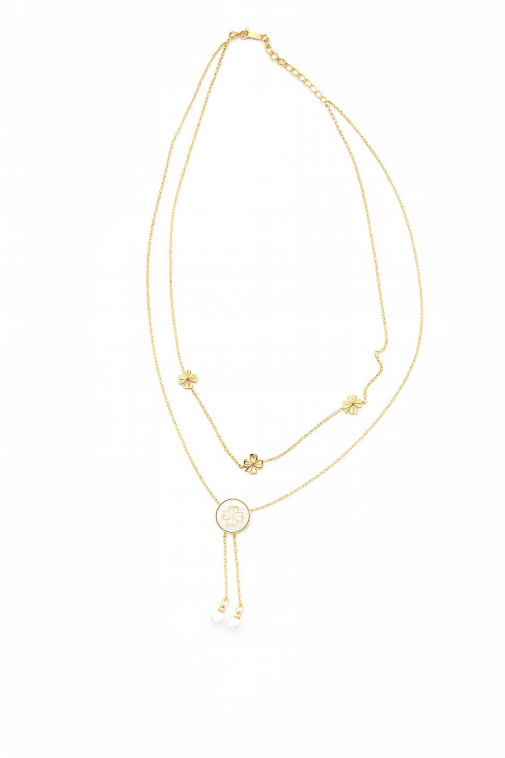 Stainless Steel Double-Layer Clover & Pearl Necklace – White