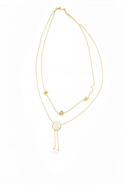 Stainless Steel Double-Layer Clover & Pearl Necklace – White