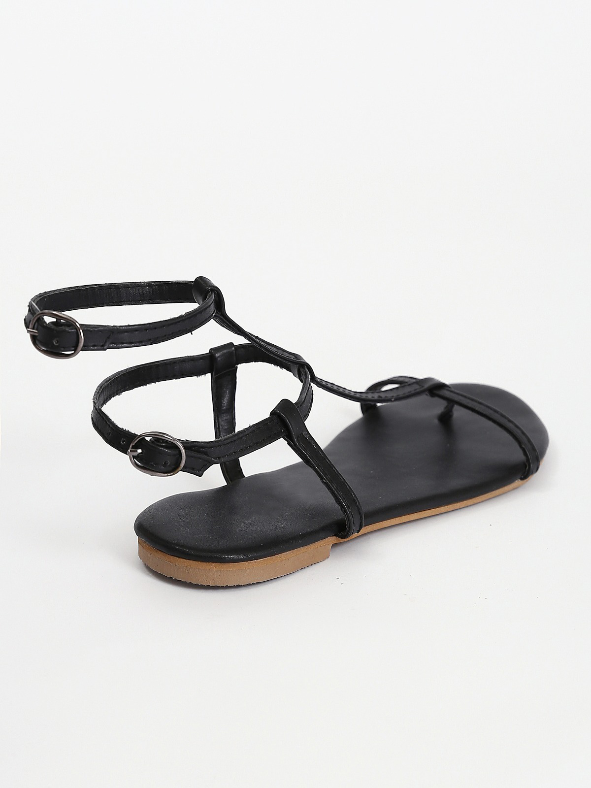 Leather Double Buckle Flat Sandals - Black