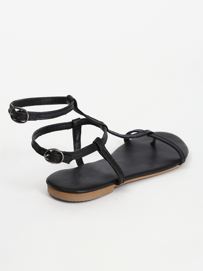 Leather Double Buckle Flat Sandals - Black