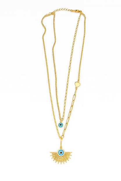 Stainless Steel Double Layer Blue Eye Charm Necklace – Gold