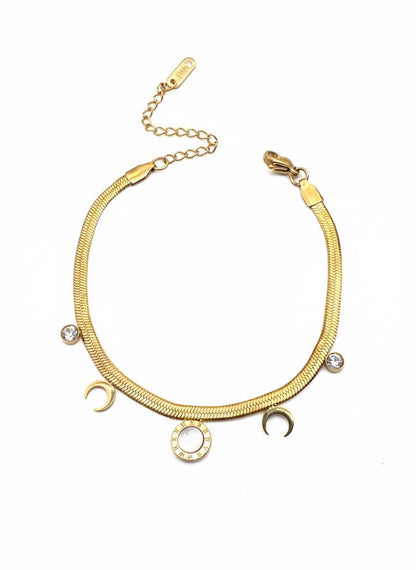 Stainless Steel Snake Chain Bracelet Rose Stone Charms – Gold