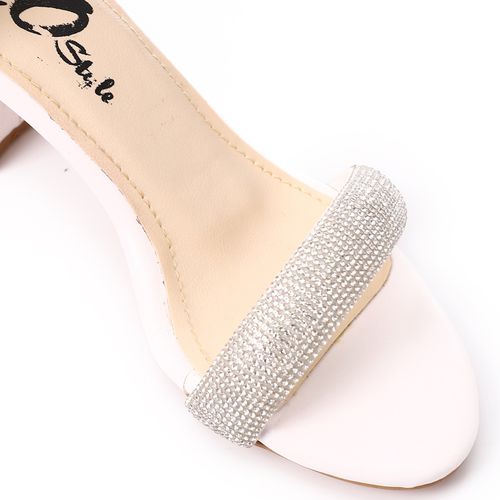 Faux Leather Diamante Ankle Strap Sandals - White